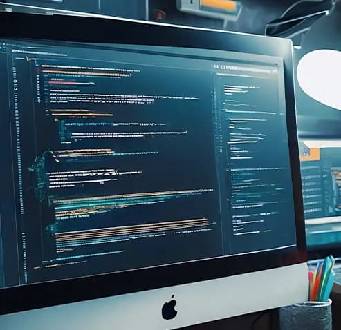 A code editor open on a desktop monitor in a dimly lit studio, showing syntax-highlighted source code