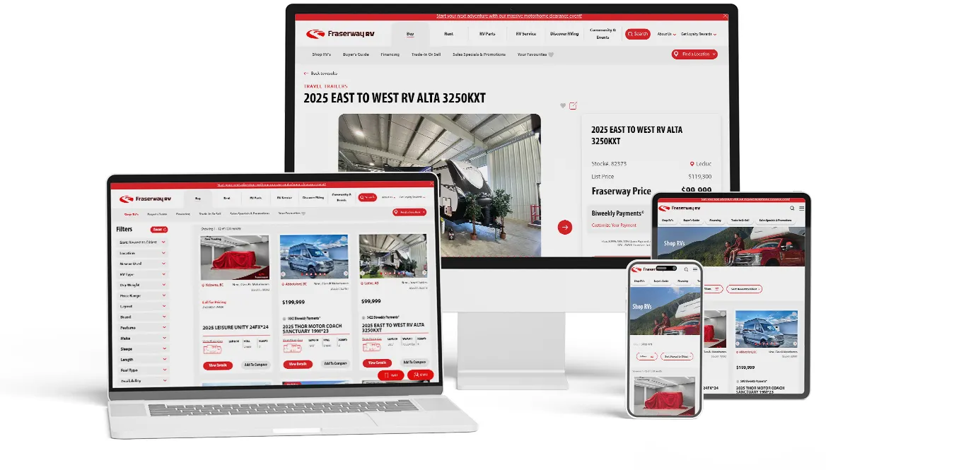 A showcase of the responsive design of the Fraserway RV website
