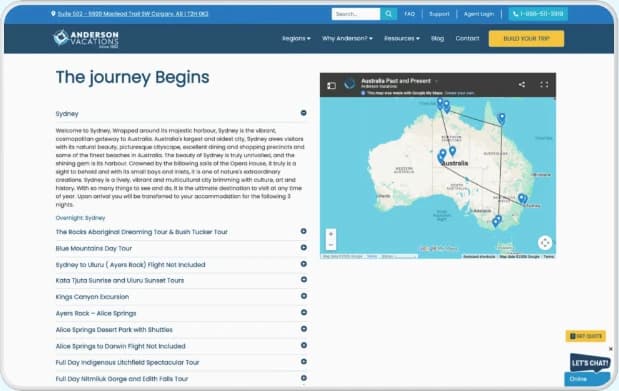 Anderson Vacations trip page: destination overview above a list of collapsed itinerary stops