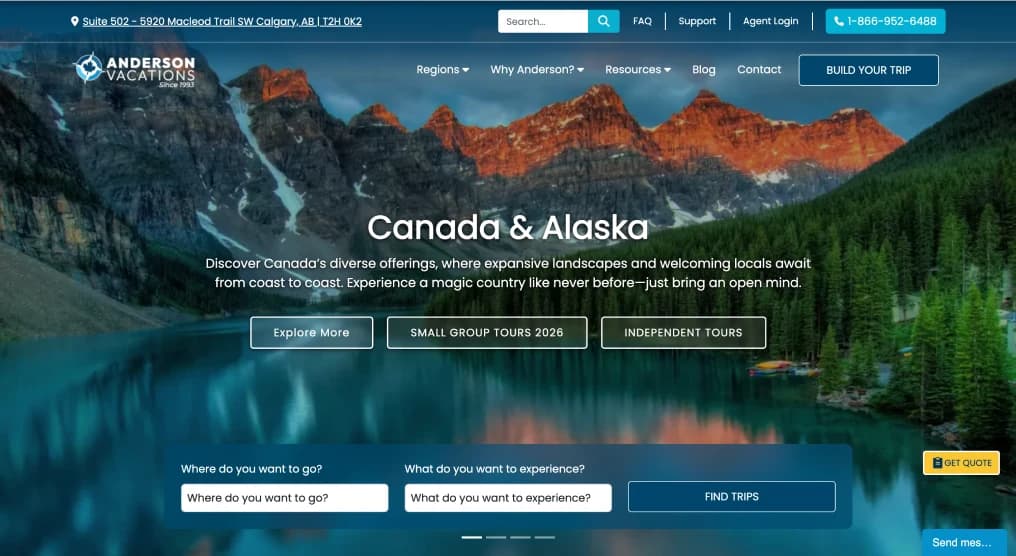 Anderson Vacations homepage — where many visitors first discover trips