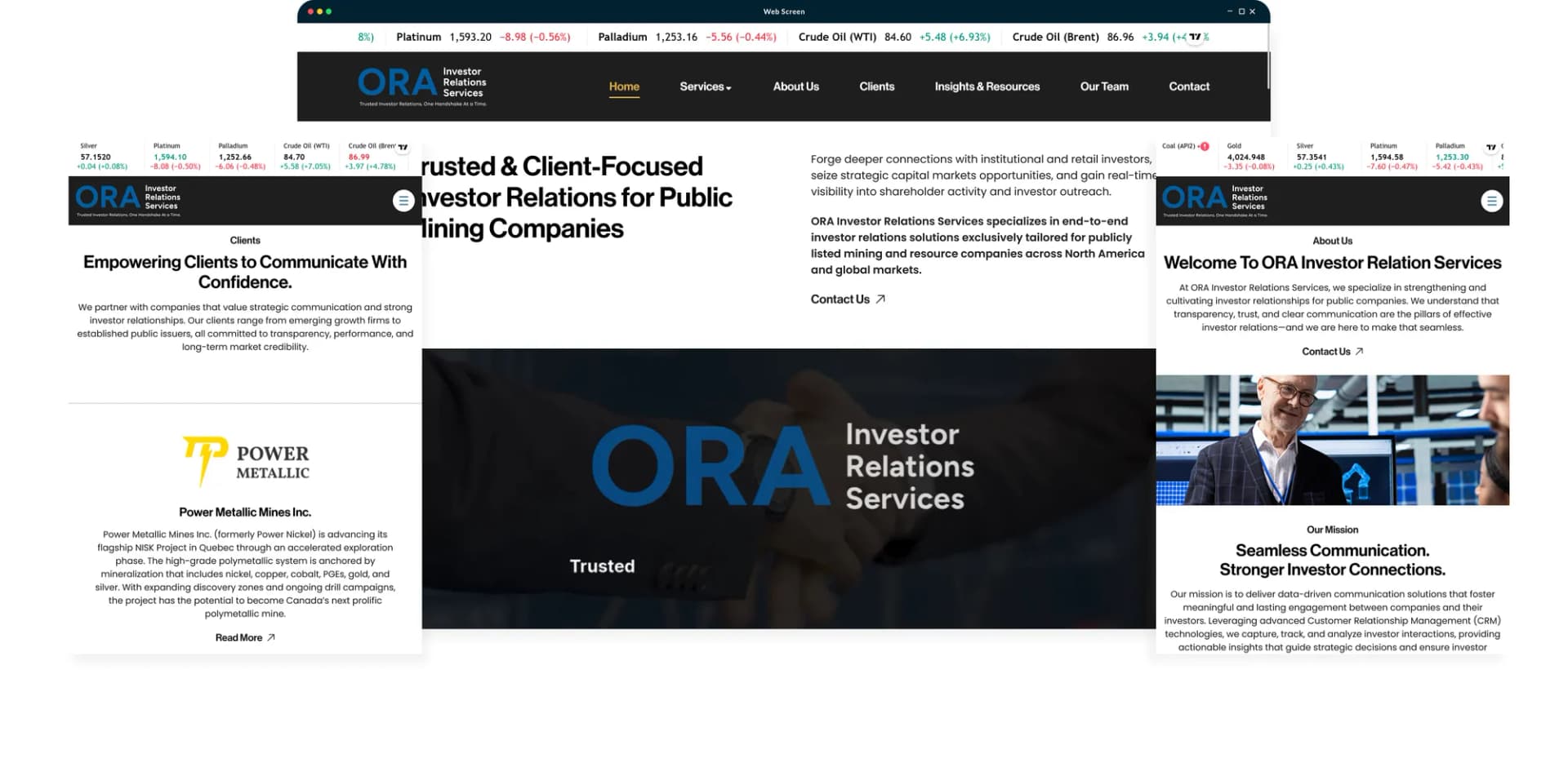 ORA home page across desktop and mobile, showing the commodity ticker and client profiles