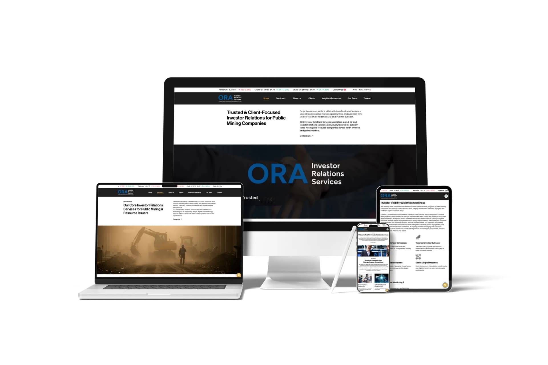 The ORA website shown on desktop, laptop, tablet and phone