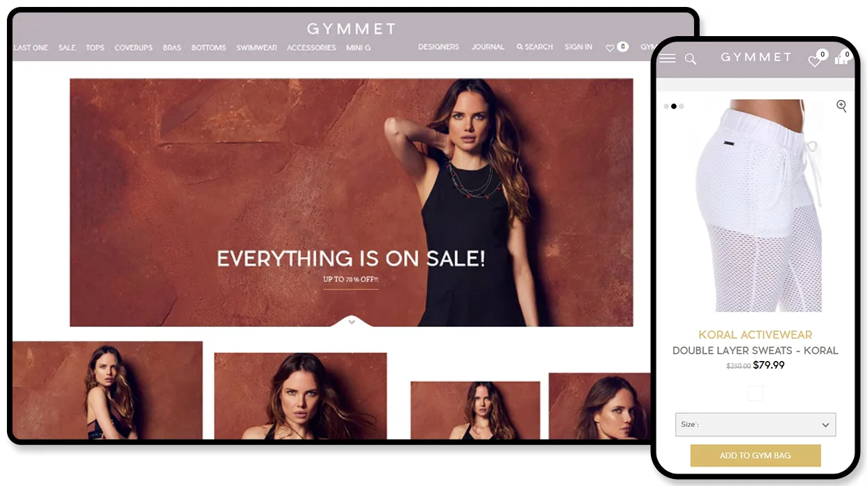 Gymmet activewear store shown on desktop and mobile, with an “Everything is on sale!” hero and a Koral Activewear product page.
