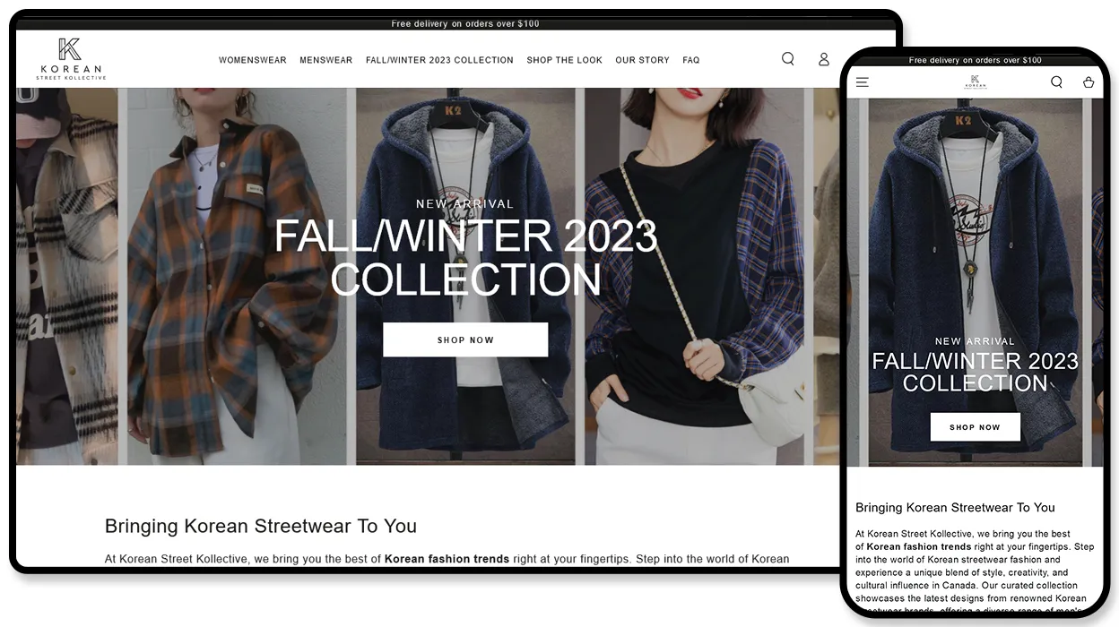 Korean Street Kollective online store shown on desktop and mobile, with a “Fall/Winter 2023 Collection” hero of models in plaid overshirts and knitwear.