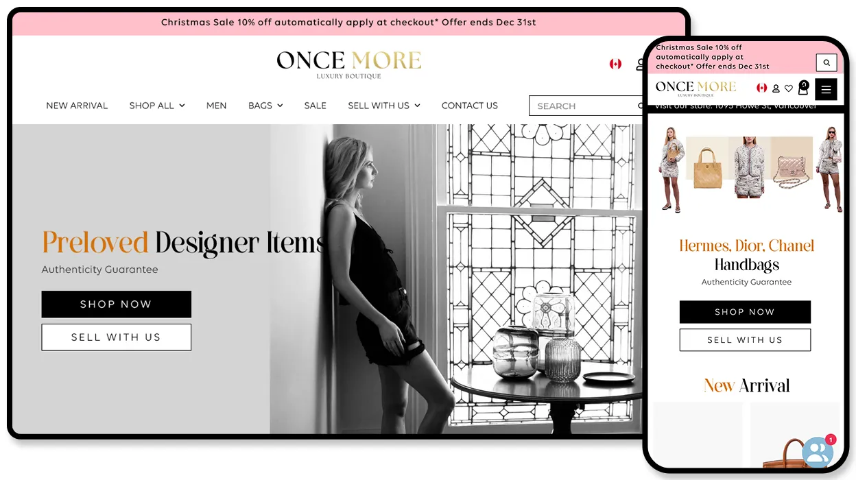 Once More luxury boutique website shown on desktop and mobile, headlined “Preloved Designer Items” with a black-and-white photo of a model beside an antique window.
