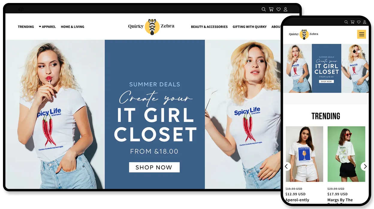 Quirky Zebra online store shown on desktop and mobile, with a “Summer Deals — Create your It Girl Closet” hero of models in printed tees and denim.