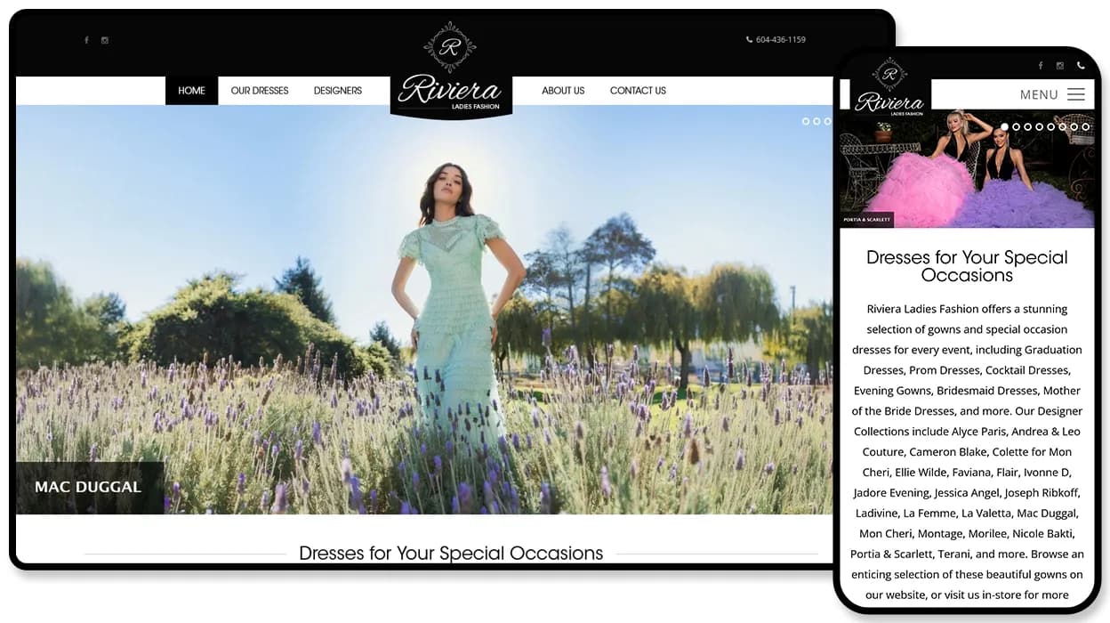 Riviera Ladies Fashion website shown on desktop and mobile, with a model in a pale green Mac Duggal gown standing in a lavender field.
