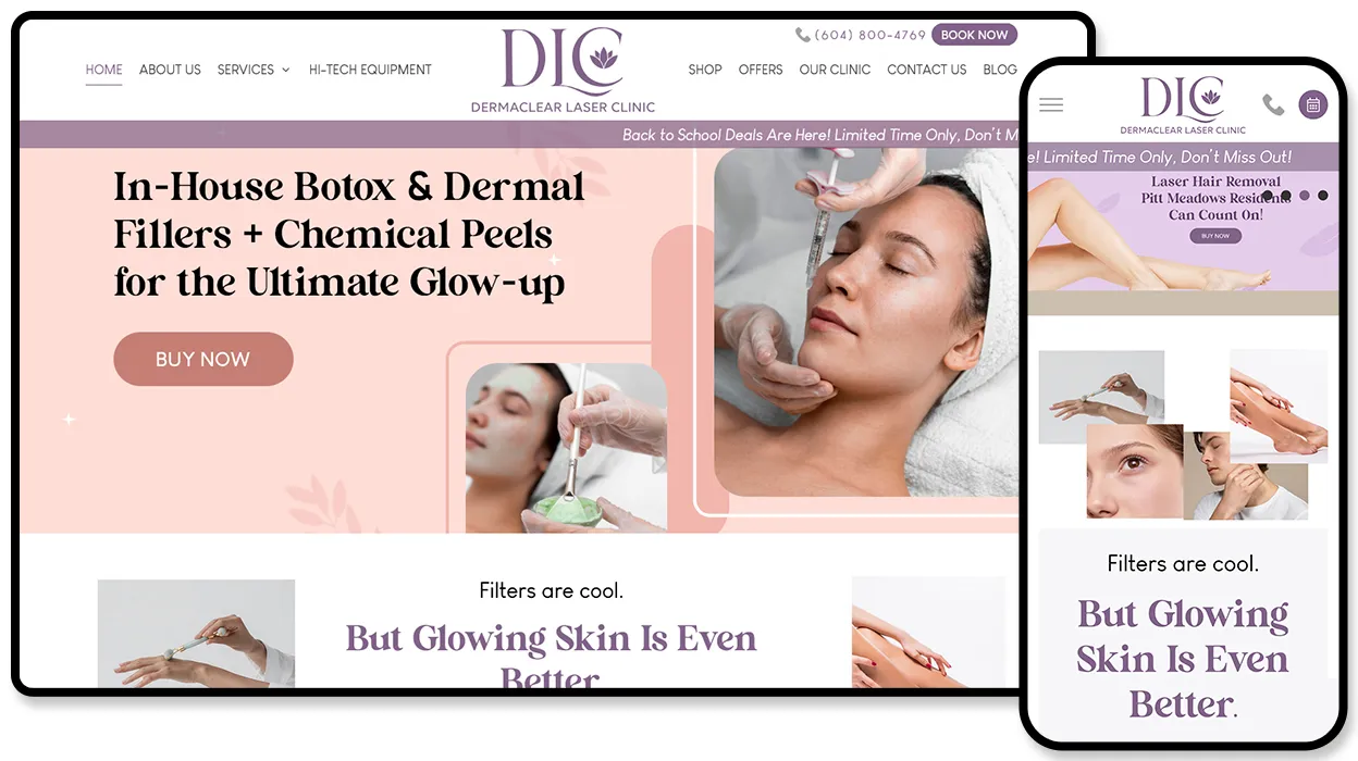 Dermaclear Laser Clinic website promoting in-house Botox, dermal fillers and chemical peels.