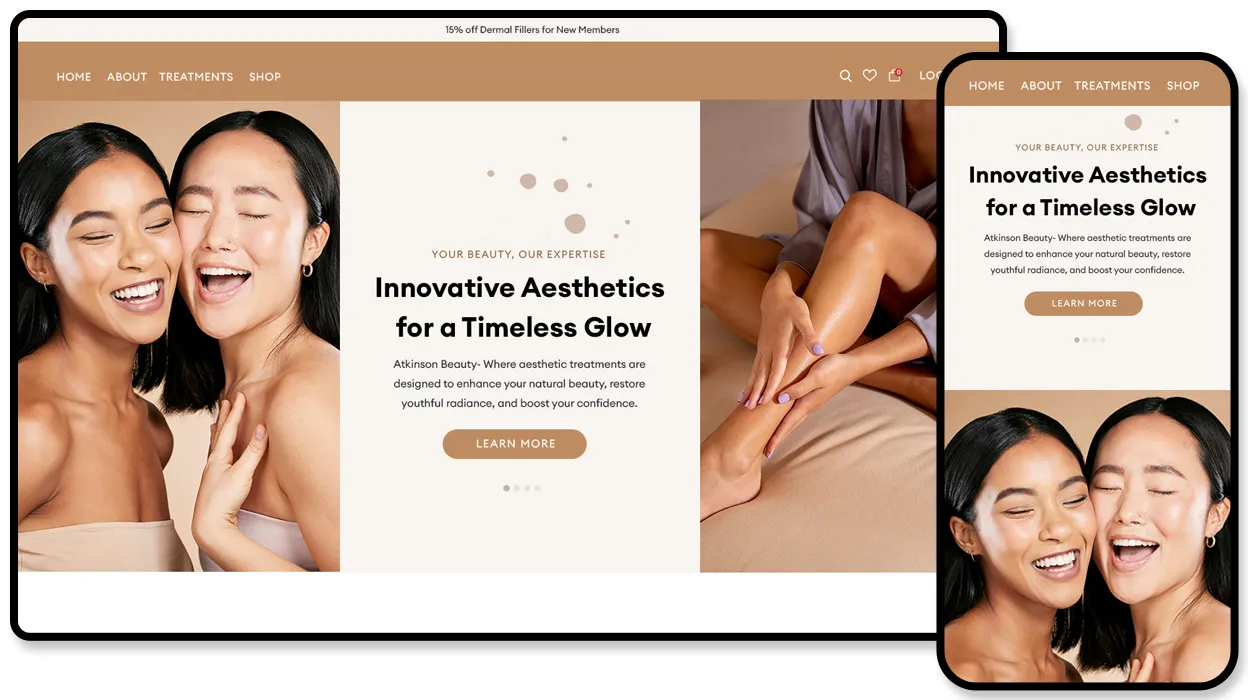 Atkinson Beauty aesthetics website with treatment pages and an online shop for new members.