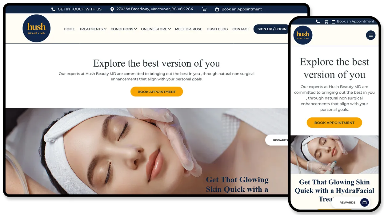 Hush Beauty MD website for a Vancouver medical spa, with a HydraFacial promotion and appointment booking.