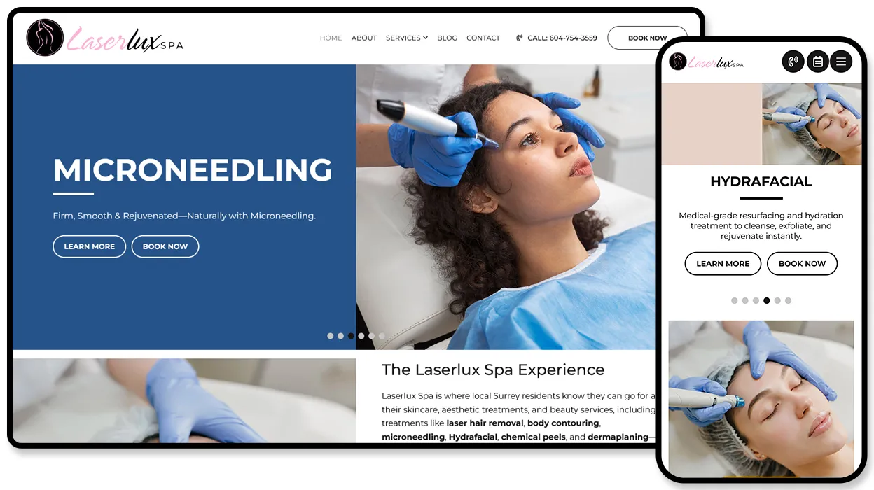 Laserlux Spa website advertising microneedling and HydraFacial treatments in Surrey.