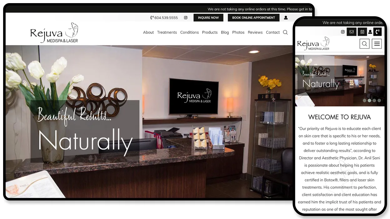 Rejuva Medispa & Laser website showing the clinic reception area and online appointment booking.