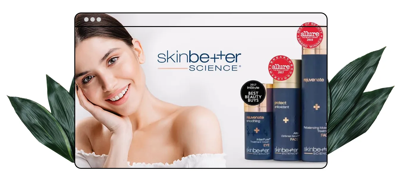Browser mockup of a medical spa website featuring an award-winning skinbetter science skincare range beside a smiling client.