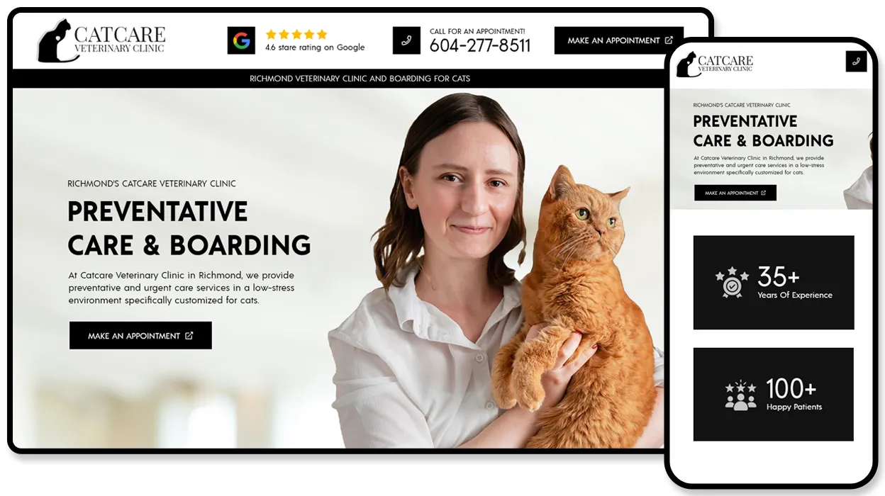 CatCare Veterinary Clinic website shown on desktop and mobile, with a “Preventative Care & Boarding” hero of a woman holding a ginger cat.