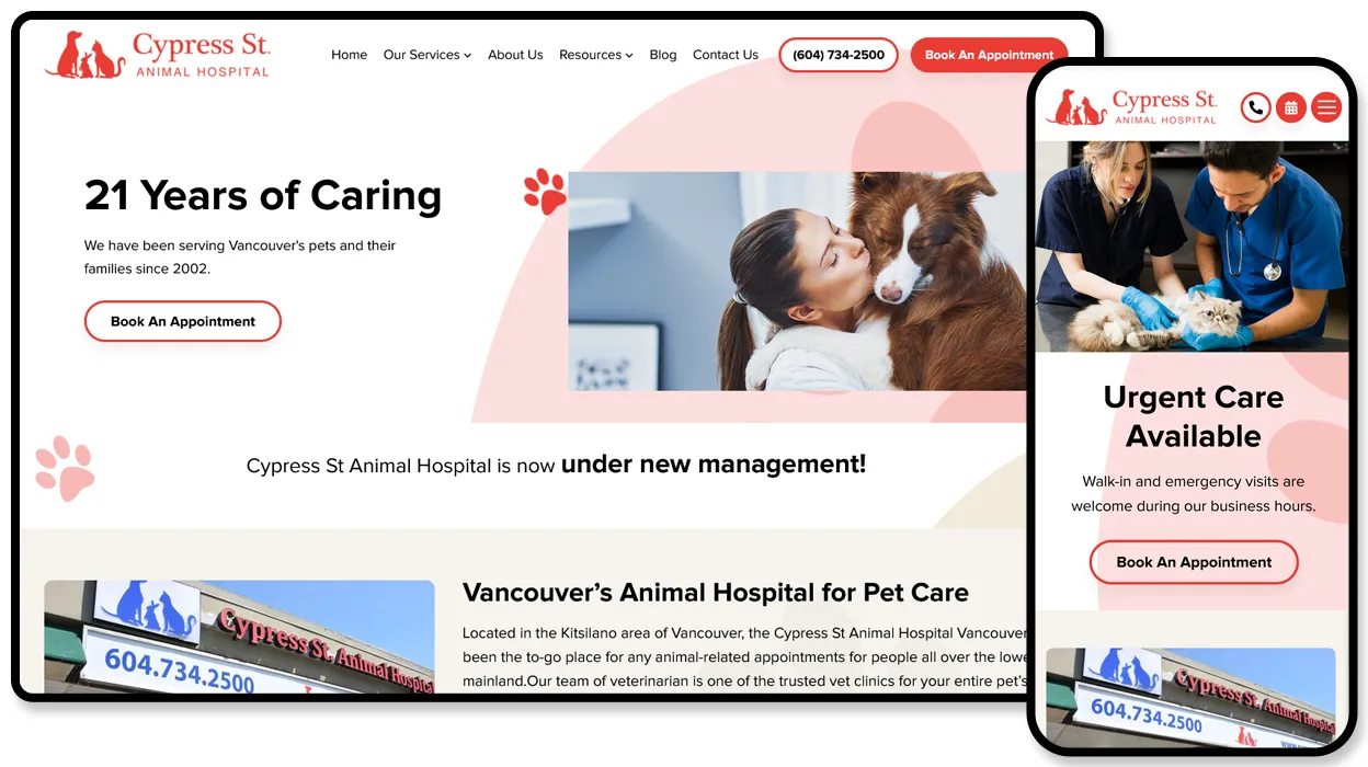 Cypress St Animal Hospital website shown on desktop and mobile, headlined “21 Years of Caring” with a photo of the clinic storefront.