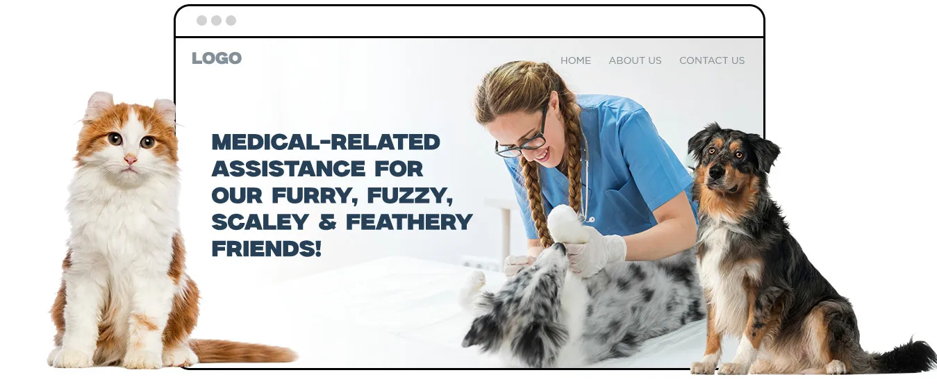 Browser mockup of a veterinary website headlined “Medical-Related Assistance For Our Furry, Fuzzy, Scaley & Feathery Friends”, showing a vet examining a dog, with a ginger cat and an Australian shepherd standing either side of the frame.