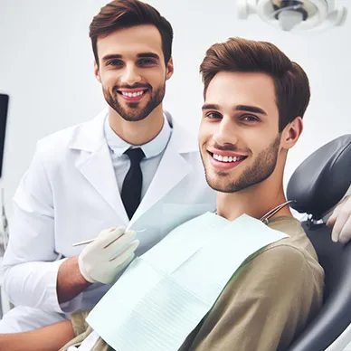 A denturist standing beside a smiling patient in the treatment chair.