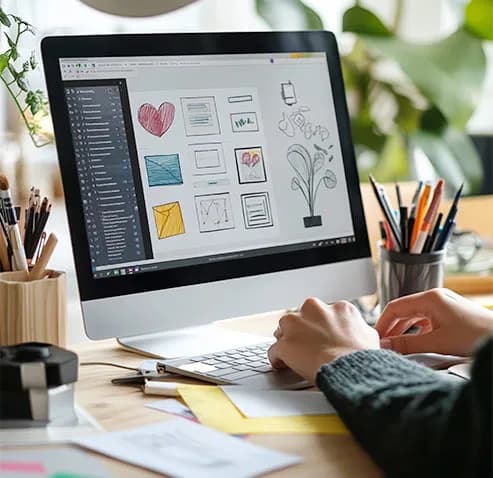 A designer at a desktop computer reviewing a grid of hand-drawn website layout sketches in design software