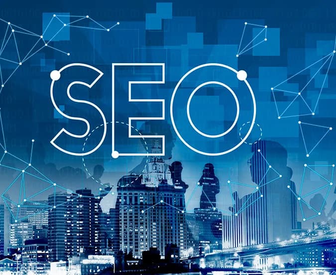 A blue-toned montage of a city skyline at night overlaid with the outlined word SEO and a network of connected nodes.