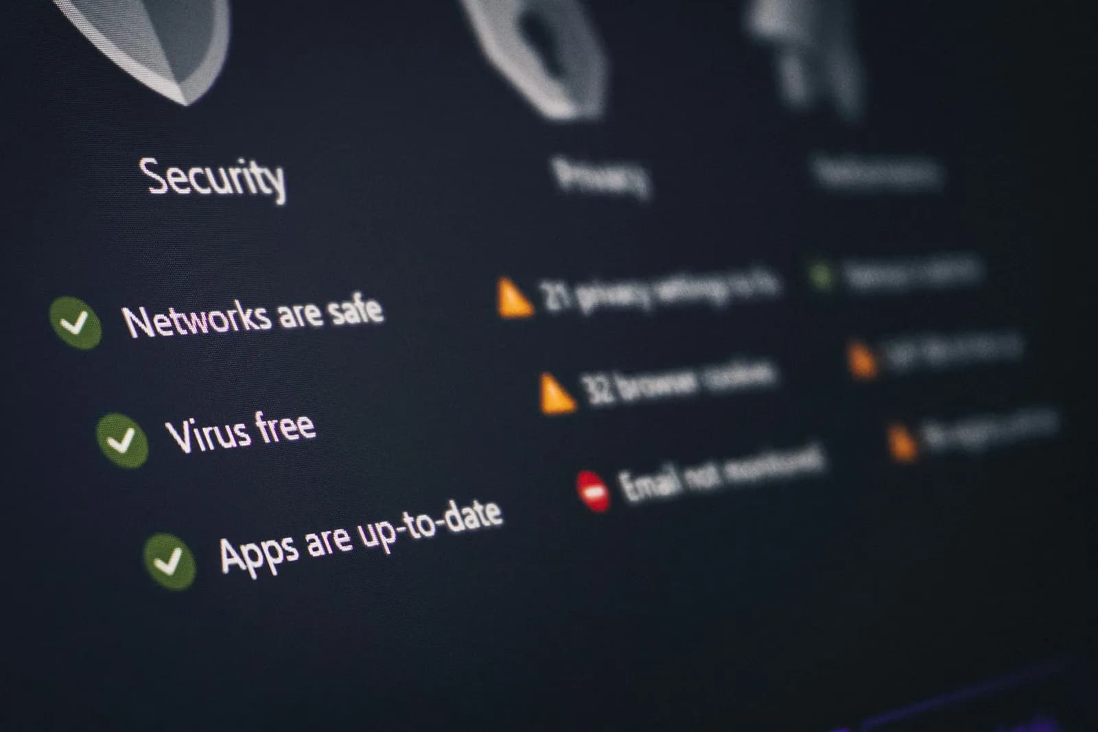 A security status screen reading Networks are safe, Virus free, and Apps are up-to-date