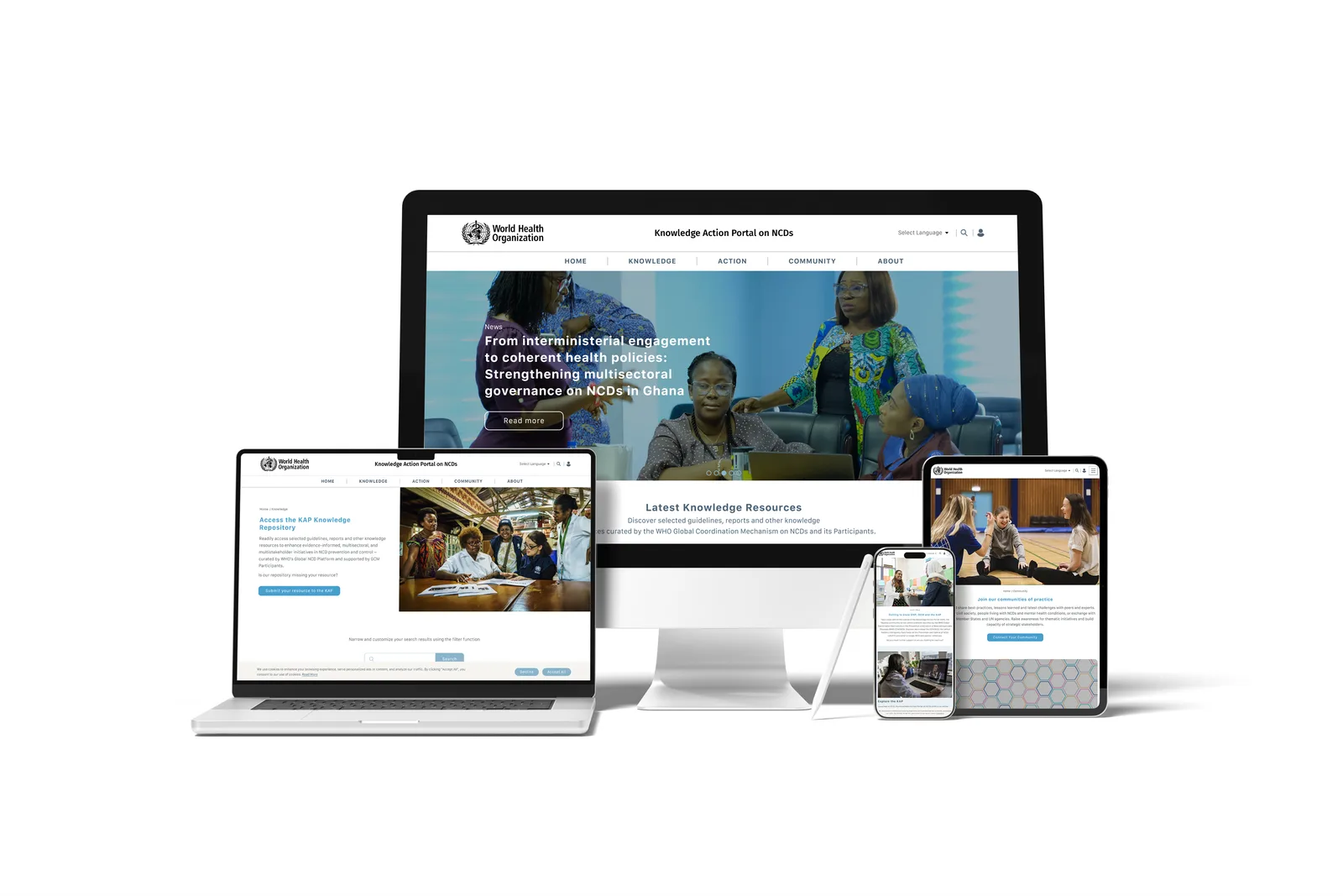 Design mockups of the redesigned WHO Knowledge Action Portal