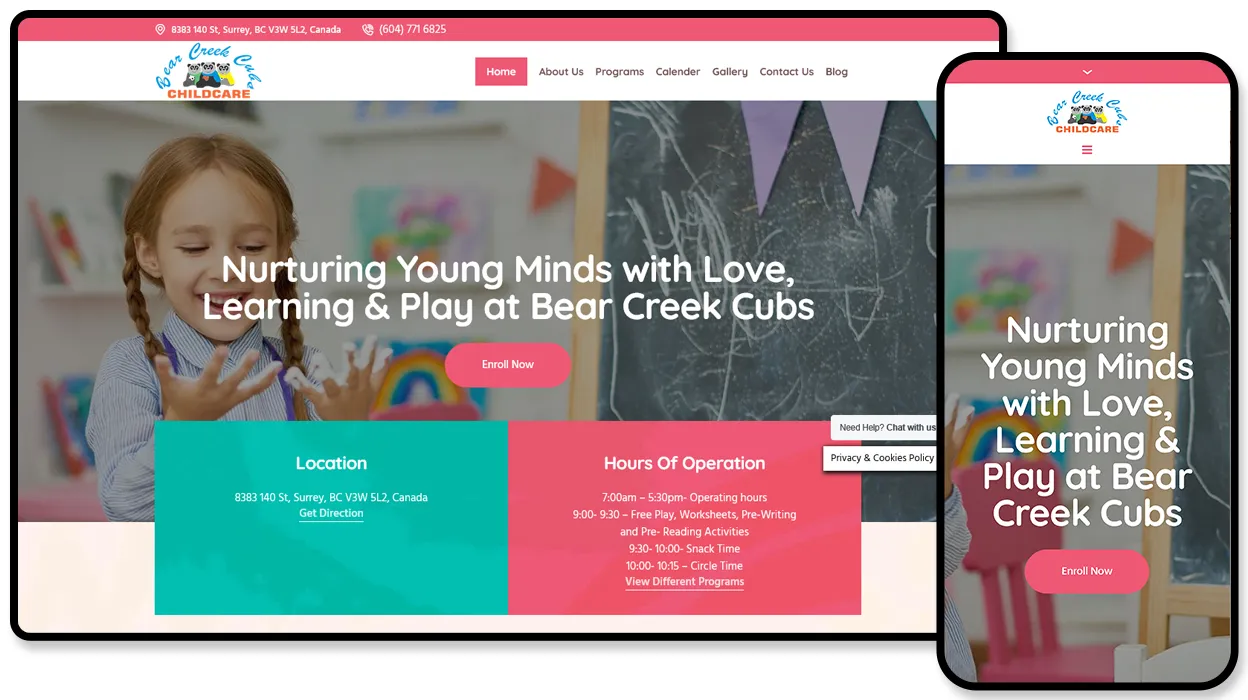 Bear Creek Cubs Childcare website shown on desktop and mobile, headlined “Nurturing Young Minds with Love, Learning & Play” with location and opening-hours panels.
