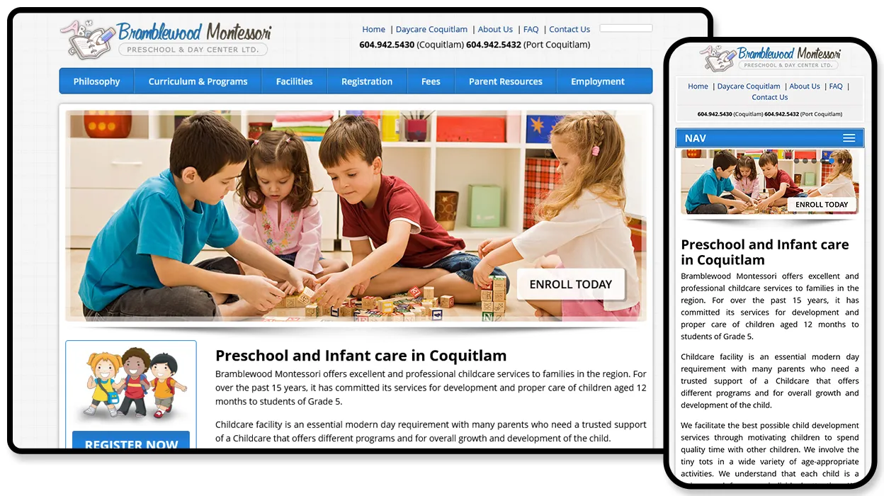Bramblewood Montessori website shown on desktop and mobile, with a photo of four children building with wooden blocks above a “Preschool and Infant care in Coquitlam” section.