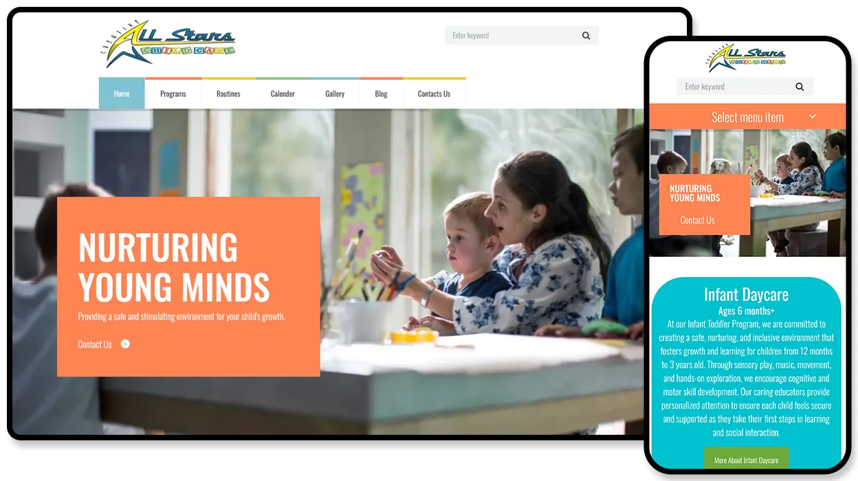 Creative All Stars childcare website shown on desktop and mobile, with a “Nurturing Young Minds” panel over a photo of an educator painting with toddlers.
