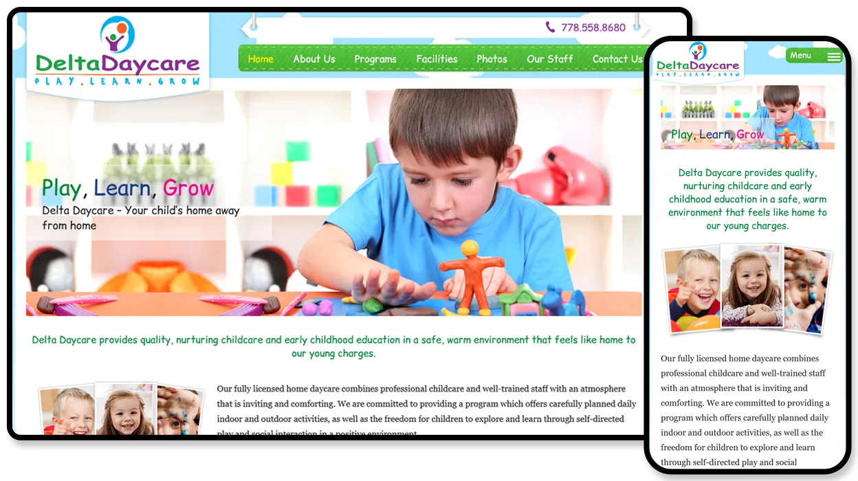 Delta Daycare website shown on desktop and mobile, with a “Play, Learn, Grow” hero of a boy assembling a toy figure at a table.