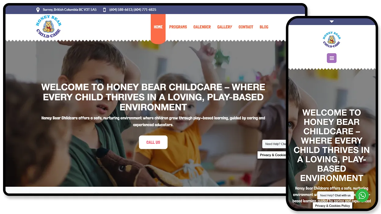 Honey Bear Child Care website shown on desktop and mobile, headlined “Welcome to Honey Bear Childcare — where every child thrives in a loving, play-based environment”.