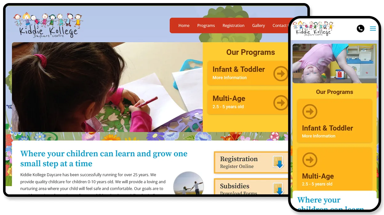 Kiddie Kollege Daycare Centre website shown on desktop and mobile, with a yellow “Our Programs” panel and the line “Where your children can learn and grow one small step at a time”.