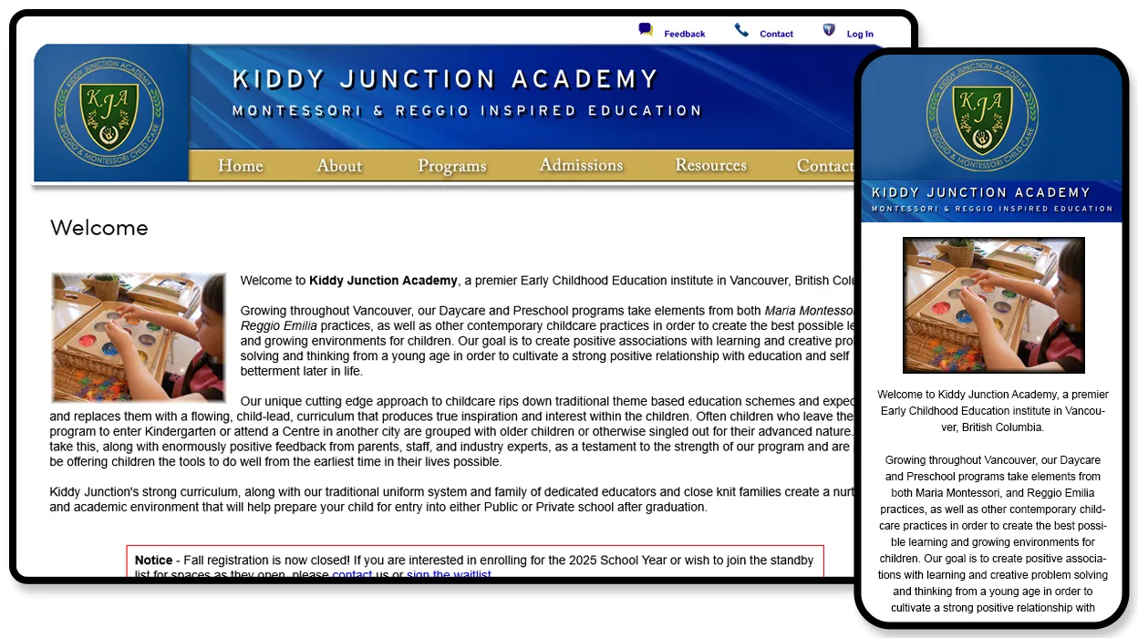 Kiddy Junction Academy website shown on desktop and mobile, with a crest logo, navy navigation bar and a welcome page describing its Montessori and Reggio Emilia programs.