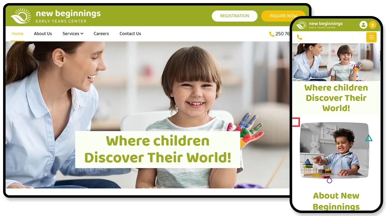 New Beginnings Early Years Center website shown on desktop and mobile, headlined “Where children Discover Their World!” over a photo of a teacher and a laughing child.