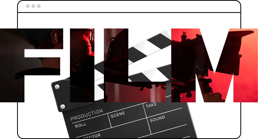 Browser mockup in which the word FILM is set in oversized letters filled with production stills, laid over a black-and-white clapperboard.