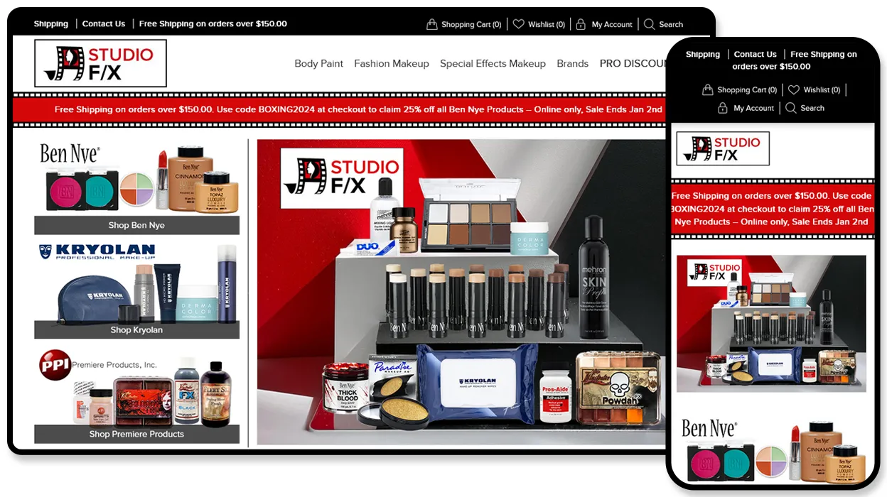Studio F/X online store shown on desktop and mobile, with shelves of special-effects and stage makeup from Ben Nye, Kryolan and Premiere Products.