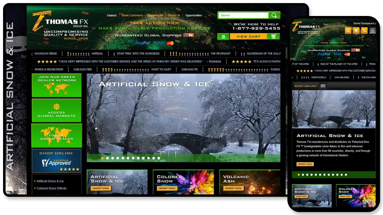 Thomas FX Group website shown on desktop and mobile, with an “Artificial Snow & Ice” hero of a snow-covered park and product tiles for coloured snow and volcanic ash.