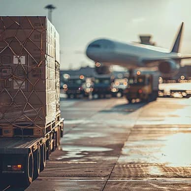 A netted pallet of air cargo on an airport apron, with a freight aircraft and ground vehicles behind it.
