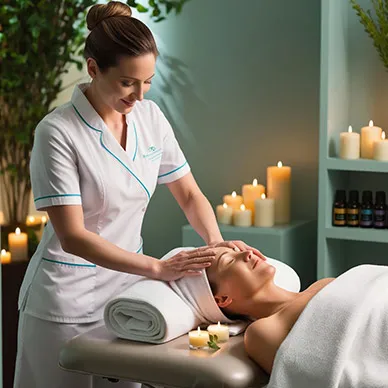 An esthetician giving a facial treatment to a client lying on a spa table, surrounded by lit candles.