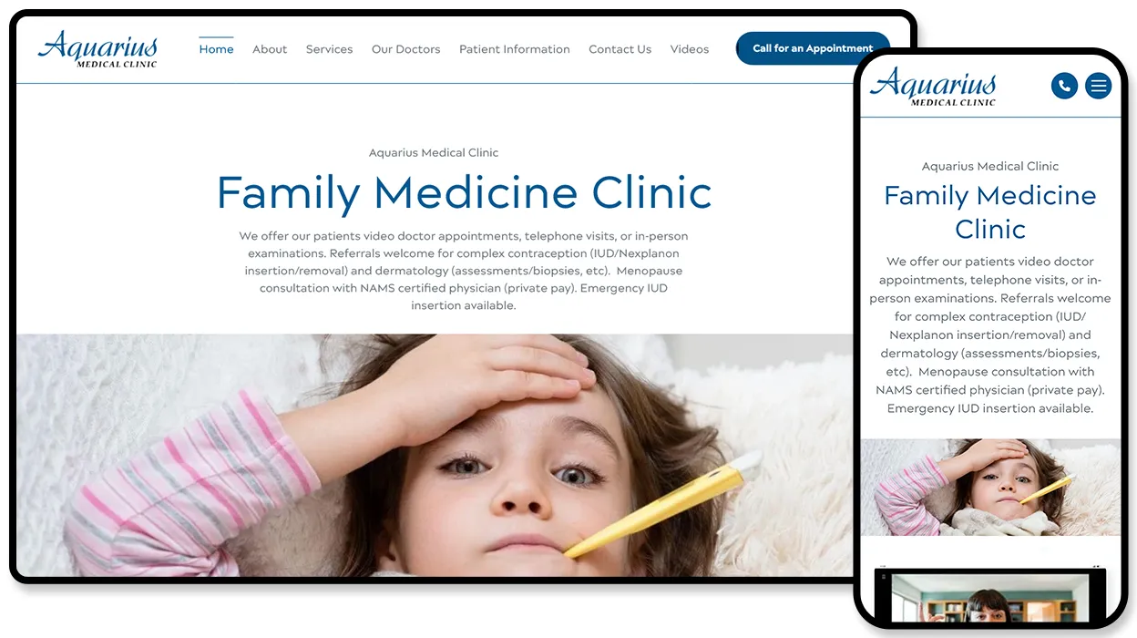 Aquarius Medical Clinic website — a family medicine clinic home page shown on desktop and mobile.