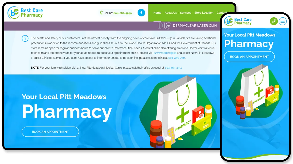 Best Care Pharmacy website for a Pitt Meadows pharmacy, with store notices and an appointment booking button.