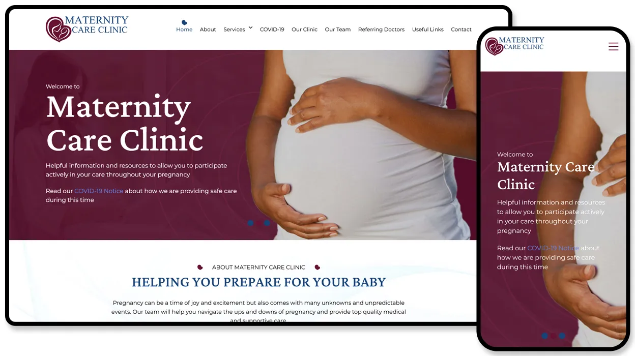Maternity Care Clinic website with pregnancy care information and resources for expectant parents.