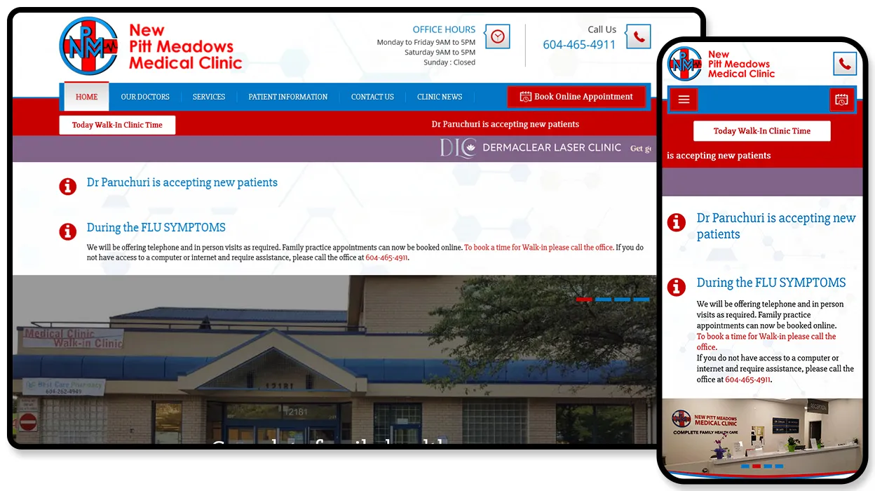 New Pitt Meadows Medical Clinic website showing walk-in clinic times, online booking and patient notices.