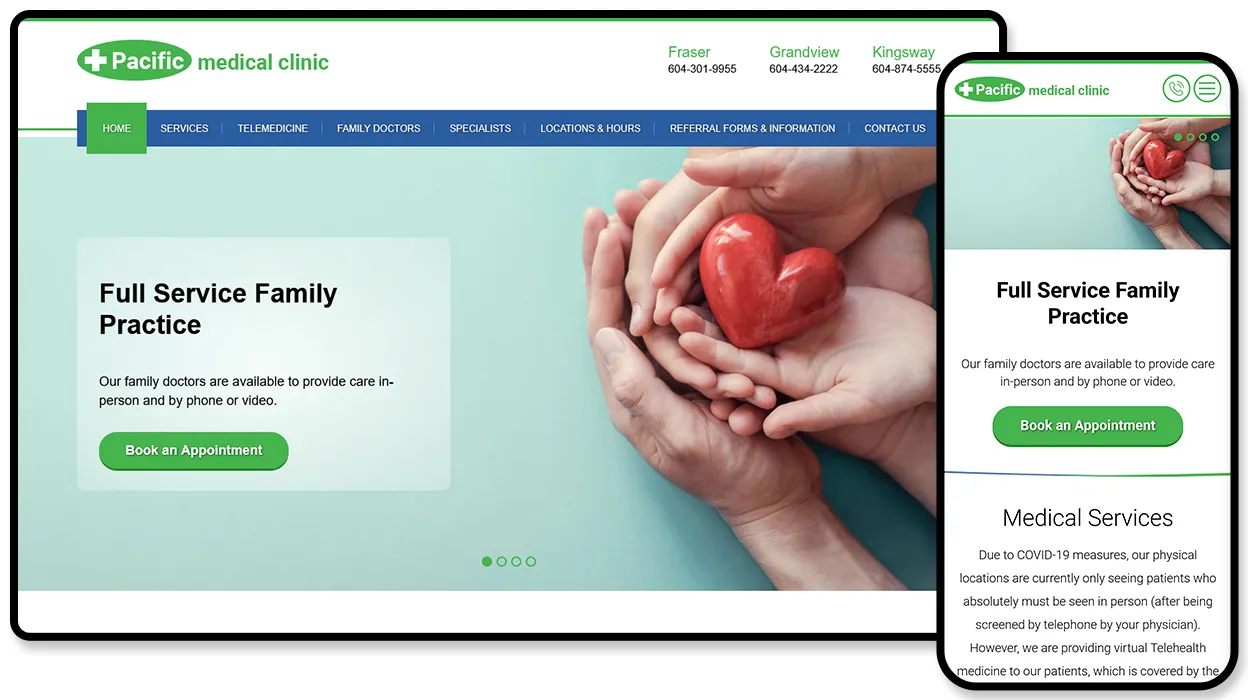 Pacific Medical Clinic website promoting a full service family practice with in-person, phone and video appointments.