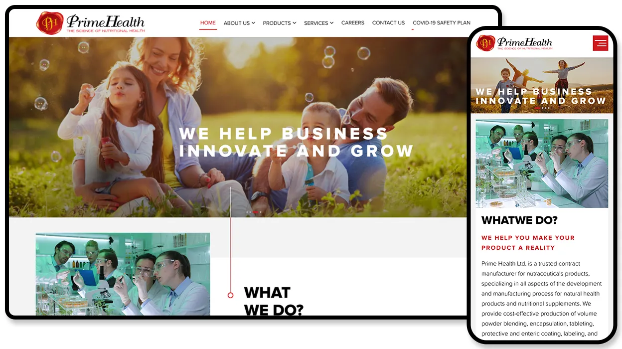 Prime Health website for a contract manufacturer of nutraceutical products and natural health supplements.