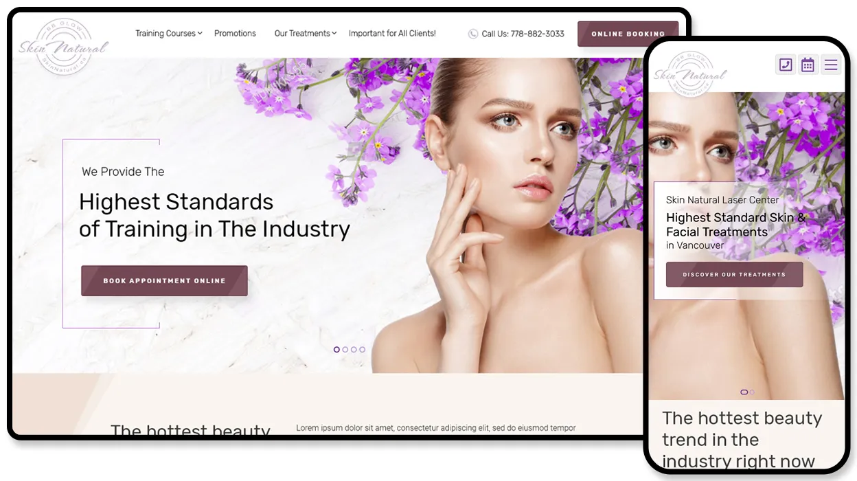 Skin Natural Laser Center website advertising skin and facial treatments and training courses in Vancouver.