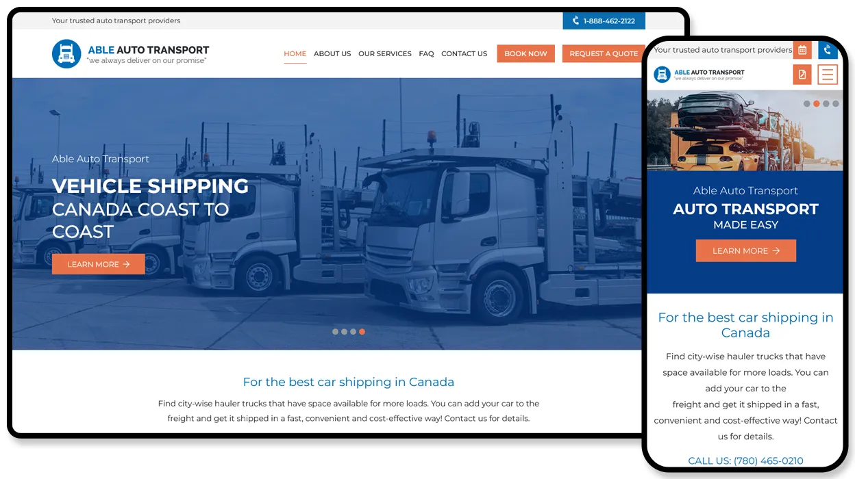 Able Auto Transport website advertising coast-to-coast vehicle shipping across Canada.
