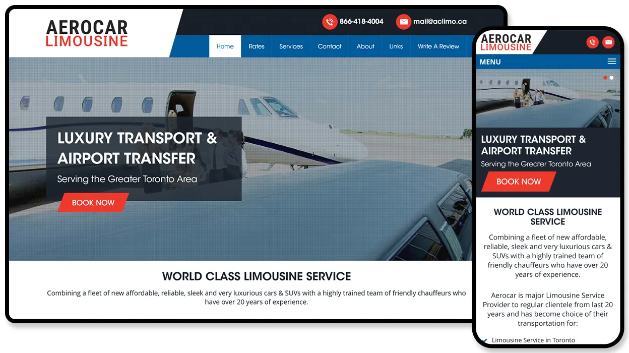 Aerocar Limousine website offering luxury transport and airport transfers in the Greater Toronto Area.