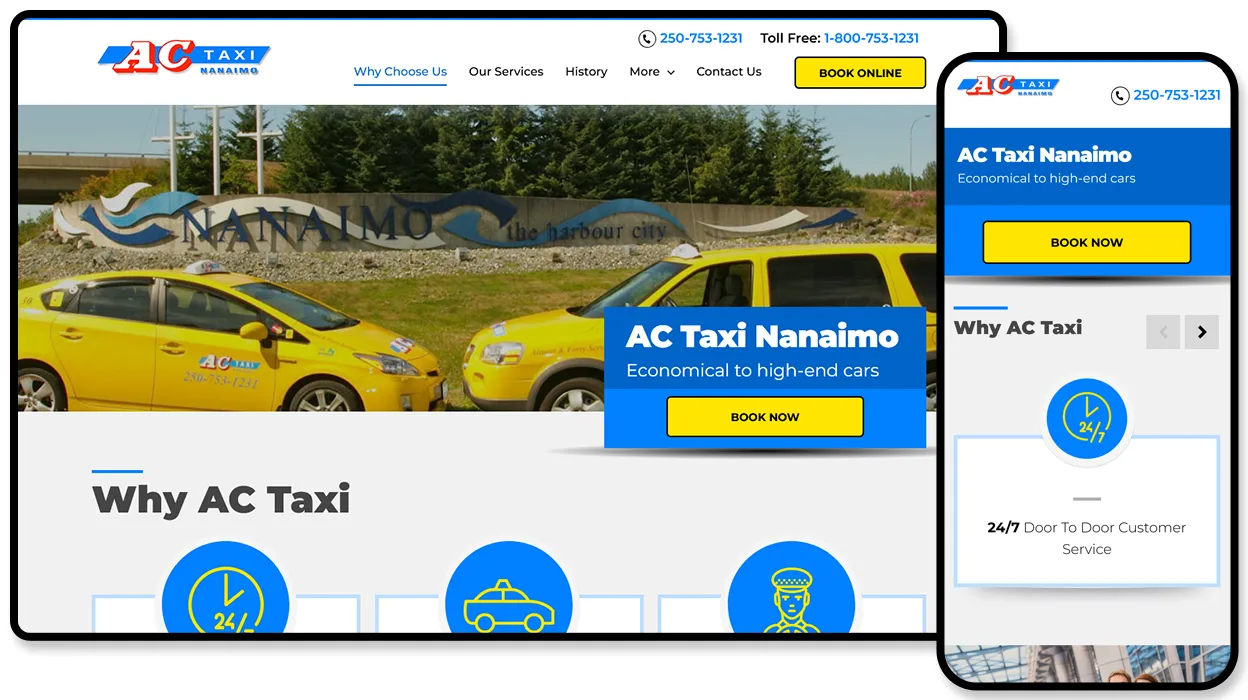 AC Taxi Nanaimo website with online booking and a fleet of yellow taxis at the city entrance.