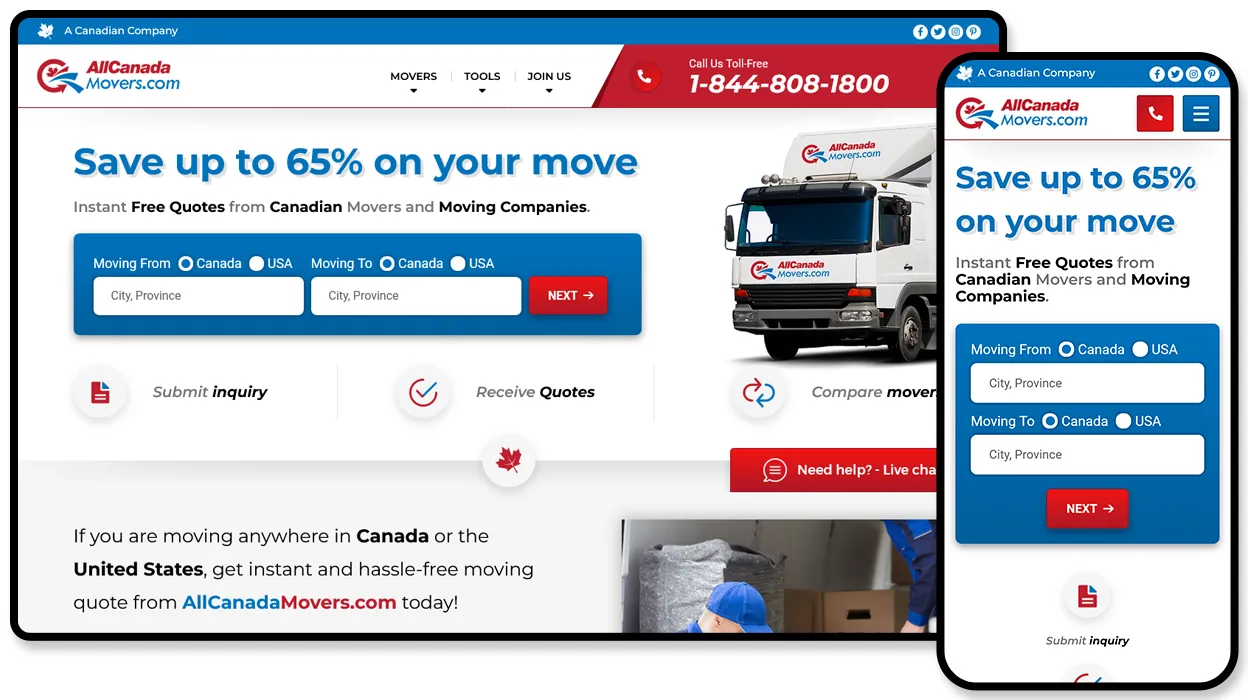 AllCanadaMovers.com website offering instant moving quotes for moves within Canada and to the United States.