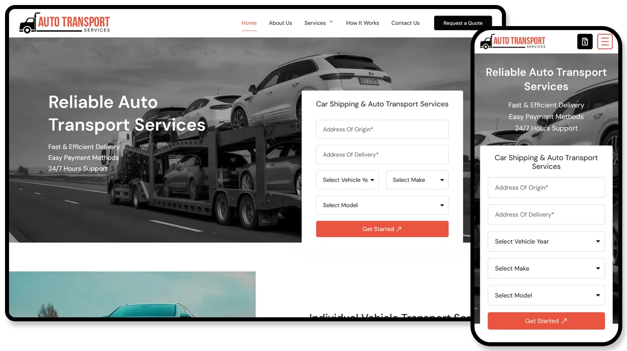Auto Transport Services website with a car shipping quote form beside a loaded car carrier on the highway.